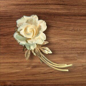 Vintage Ivory Rose & Gold Tone Leaf Flower Pin Brooch Elegant Retro Jewelry